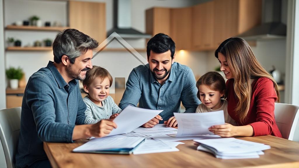 A family reviewing financial documents at a kitchen table, with a house and dollar sign symbol in the background.