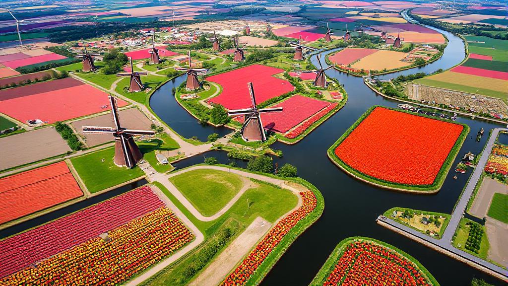 A scenic aerial view of the Netherlands showcasing its iconic windmills, tulip fields, and intricate canal systems.