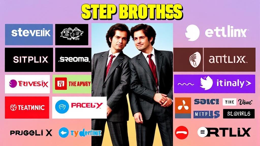 A vibrant collage featuring the iconic "Step Brothers" movie poster alongside streaming platform logos and rental service icons.