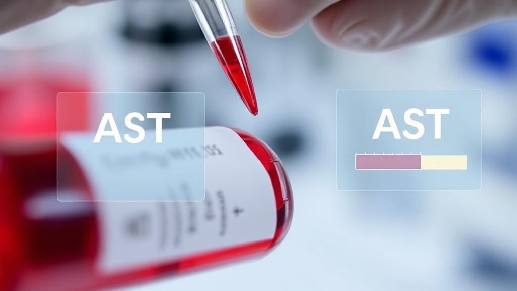 A close-up image of a blood sample being analyzed in a laboratory setting, with digital overlays highlighting AST levels.