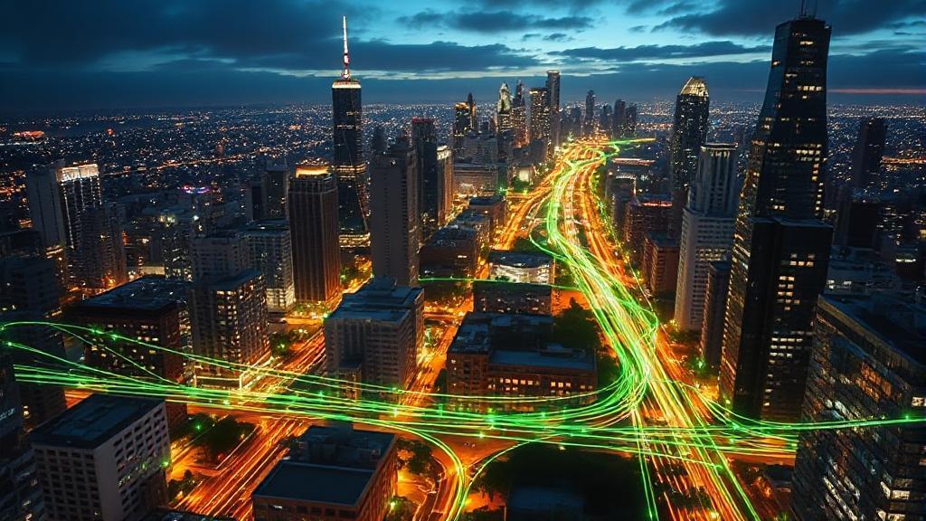 A high-resolution image of a cityscape with glowing fiber optic cables weaving through the streets, symbolizing widespread internet connectivity.