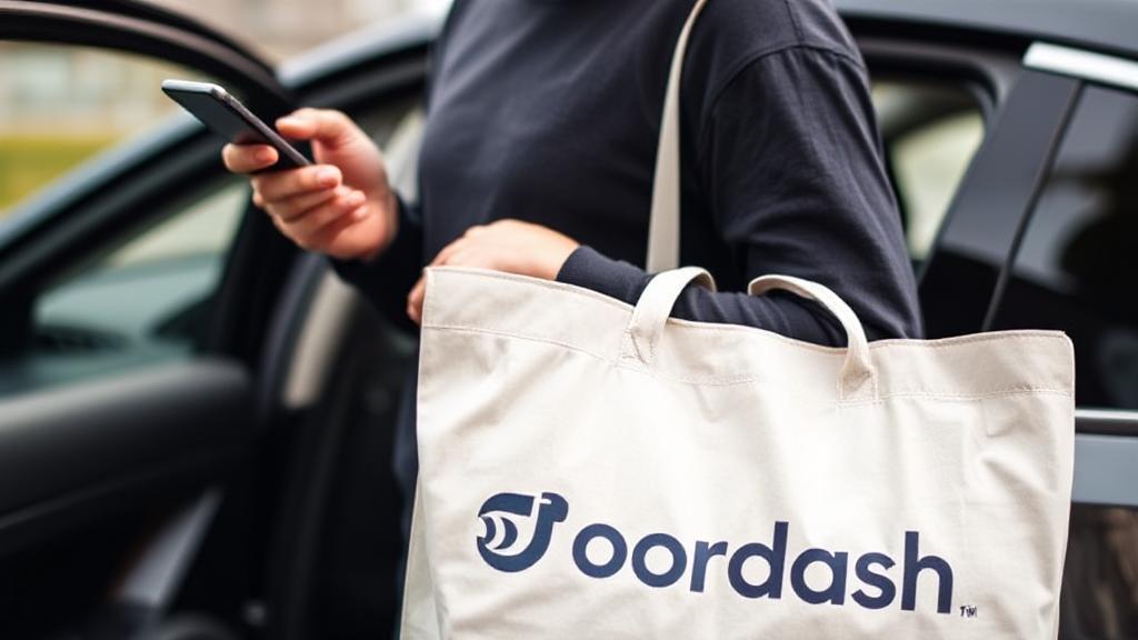 A young adult holding a smartphone and a DoorDash delivery bag, standing next to a car, ready to start a delivery.