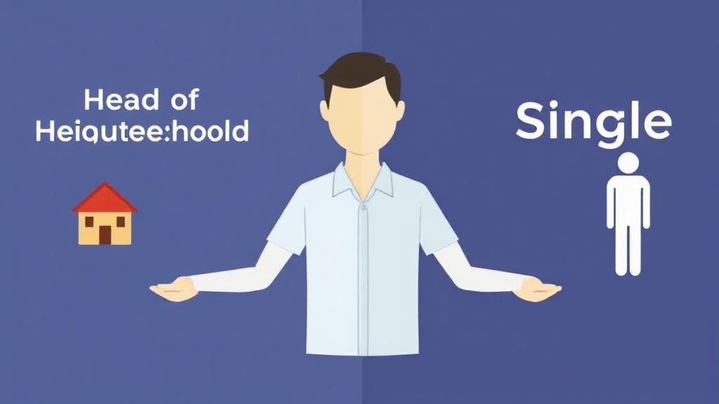 A split image depicting a person weighing options between "Head of Household" and "Single" tax filing statuses, with symbols of a house and a single person on either side.