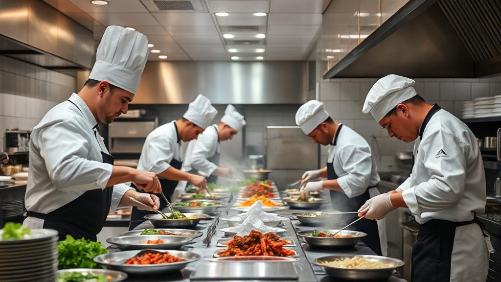 A bustling restaurant kitchen with chefs preparing dishes, symbolizing the balance of labor costs and productivity.
