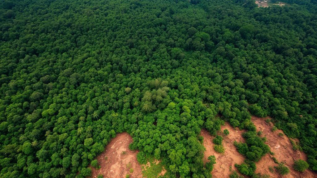 A lush, vibrant aerial view of the Amazon rainforest juxtaposed with a barren, deforested landscape.