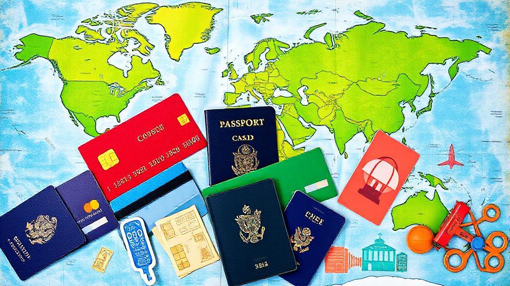 A vibrant collage of credit cards, passports, and travel icons set against a world map backdrop, symbolizing global travel and financial freedom.
