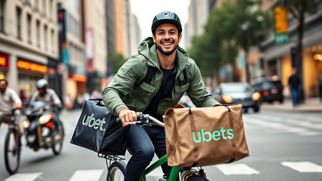 A dynamic image of a smiling Uber Eats courier on a bicycle, navigating through a bustling city street with a food delivery bag, symbolizing the hustle and potential earnings of delivery work.