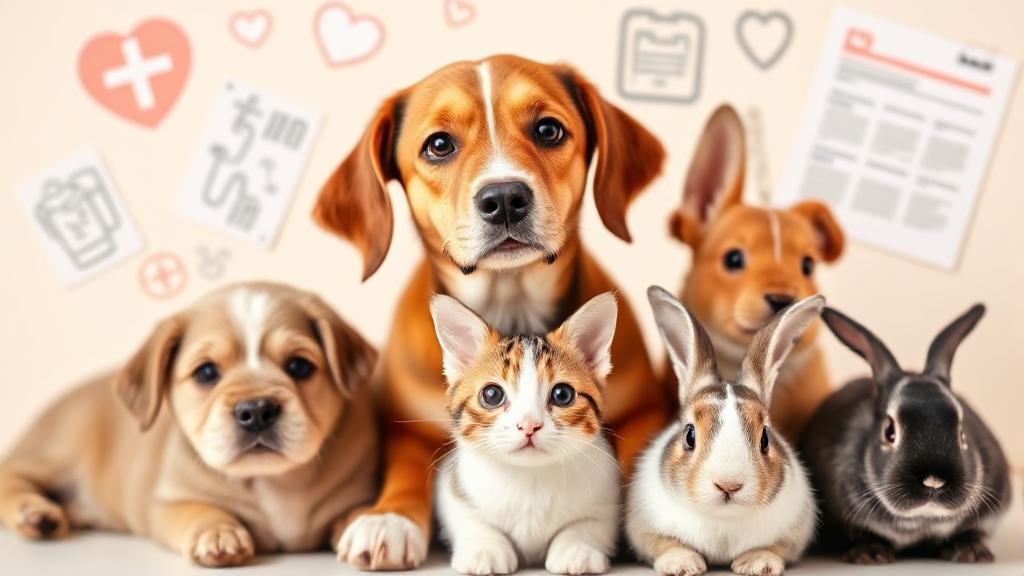 A diverse group of pets, including a dog, cat, and rabbit, with medical symbols and documents in the background, illustrating pet insurance for pre-existing conditions.