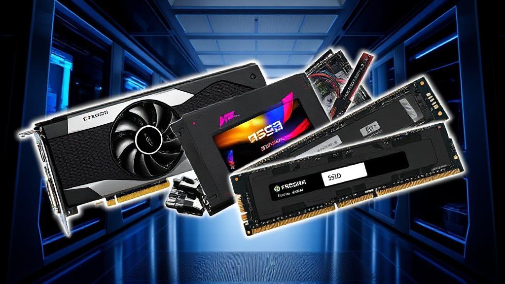A dynamic collage of computer components, including a graphics card, SSD, and RAM, set against a sleek, futuristic background.