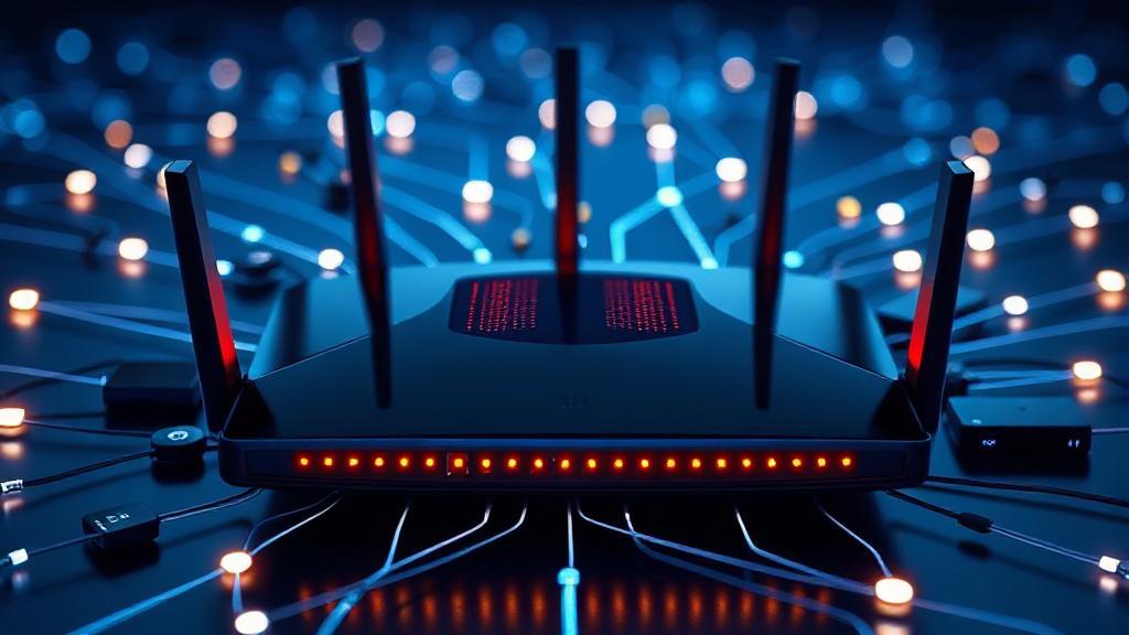 A sleek, modern router with glowing LED indicators, surrounded by a web of interconnected digital devices, symbolizing seamless network connectivity.