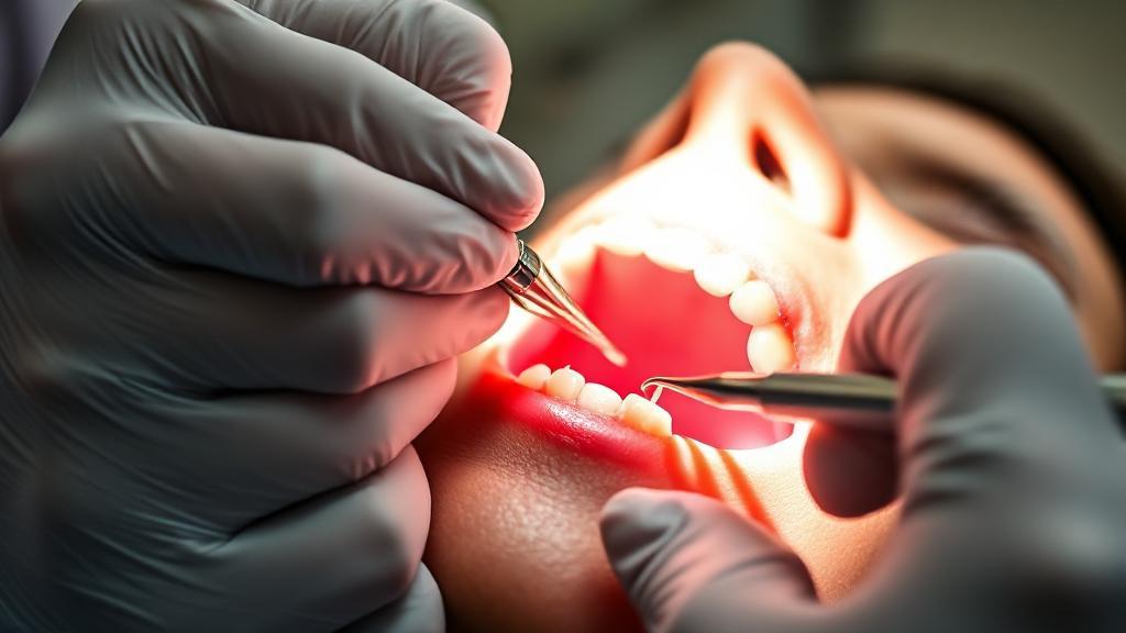A close-up of a dentist's gloved hands performing a root canal procedure on a patient, with dental tools and a bright overhead light in view.