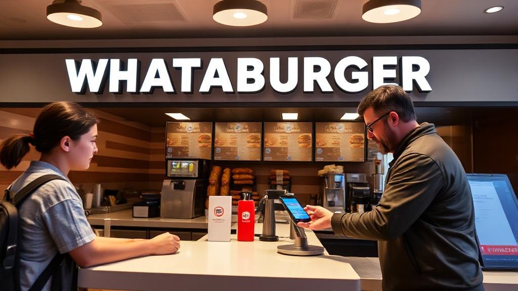 A Whataburger restaurant with a customer using Apple Pay at the counter.