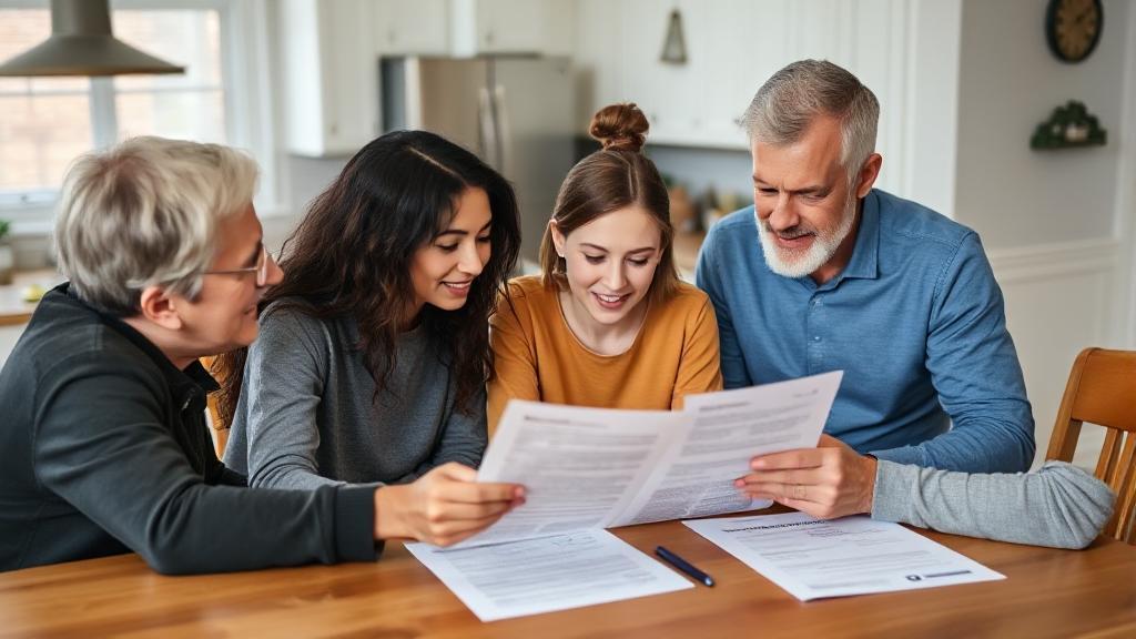 A young adult reviewing health insurance documents with their parents at a kitchen table, symbolizing the transition from parental coverage to independent insurance.