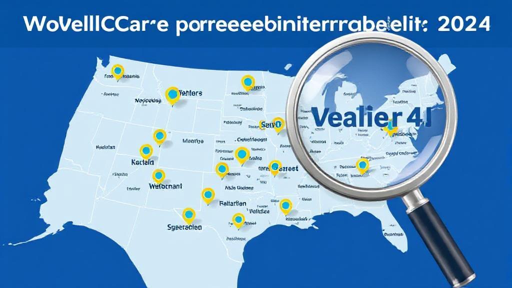 A map with highlighted locations and a magnifying glass symbolizing the search for WellCare preferred pharmacies in 2024.