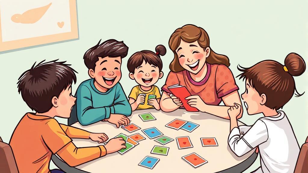 A vibrant illustration of a family gathered around a table, joyfully playing a game of Go Fish with colorful cards.