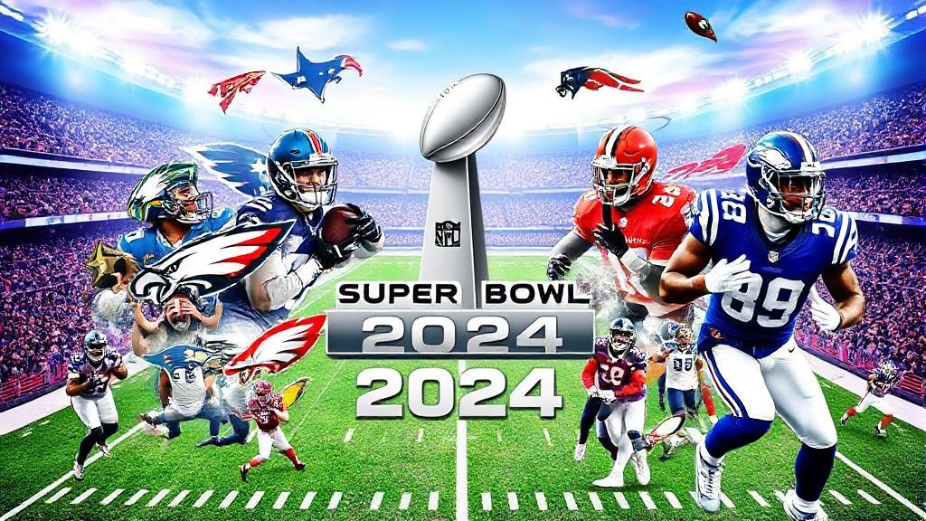 A dynamic collage of NFL team logos and star players in action, set against a vibrant stadium backdrop, capturing the excitement of Super Bowl 2024.