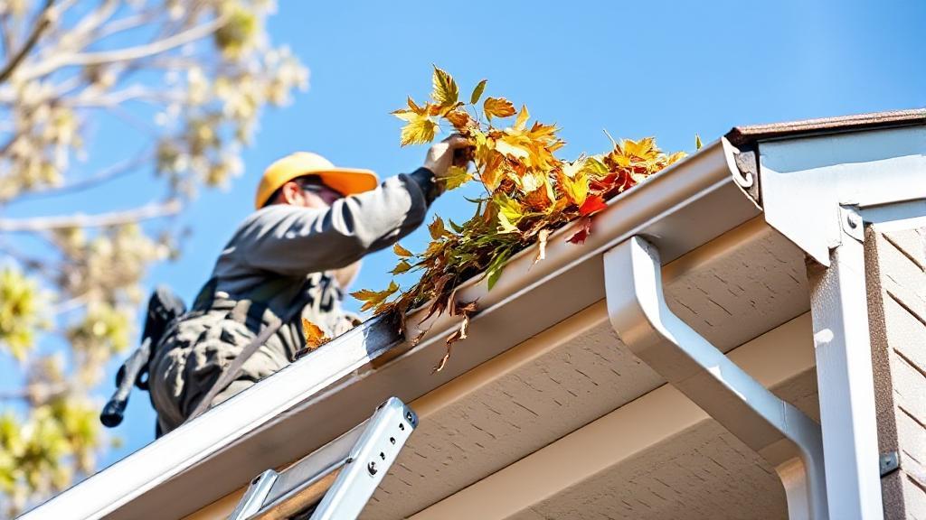 A close-up image of a professional cleaner on a ladder removing leaves from a residential gutter under a clear blue sky.