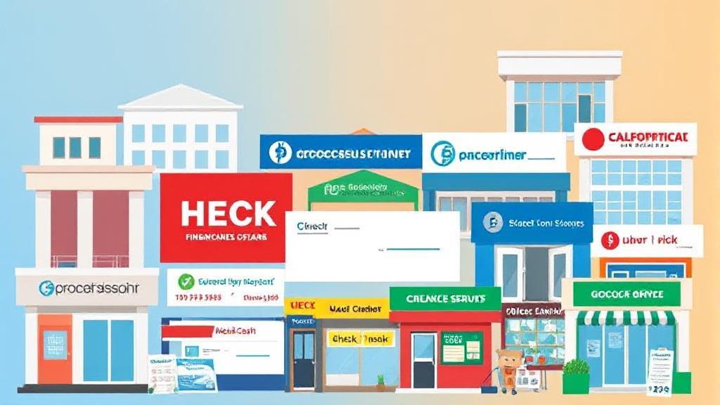 A vibrant collage of various financial institutions and check-cashing services, illustrating diverse options for cashing checks.