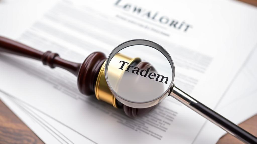 A gavel resting on a stack of legal documents with a magnifying glass highlighting the word "Trademark."