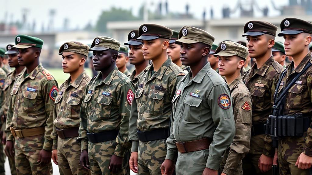 A diverse group of soldiers standing in line, showcasing varying heights against a backdrop of a military base.