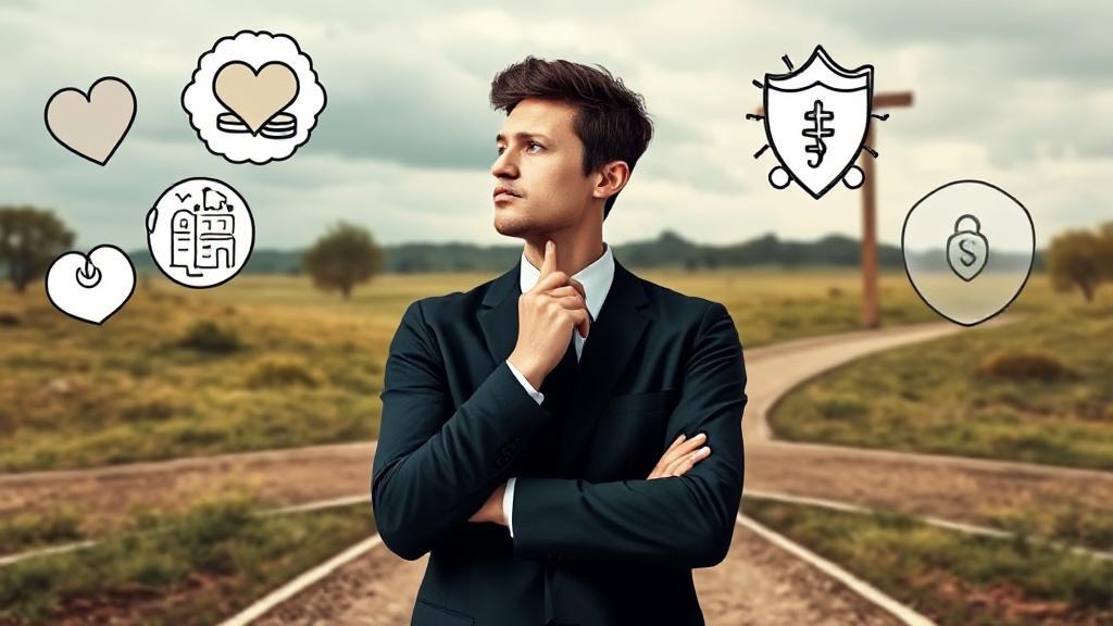 A thoughtful individual weighing options, surrounded by symbols of health, finance, and protection, set against a backdrop of a decision-making crossroads.