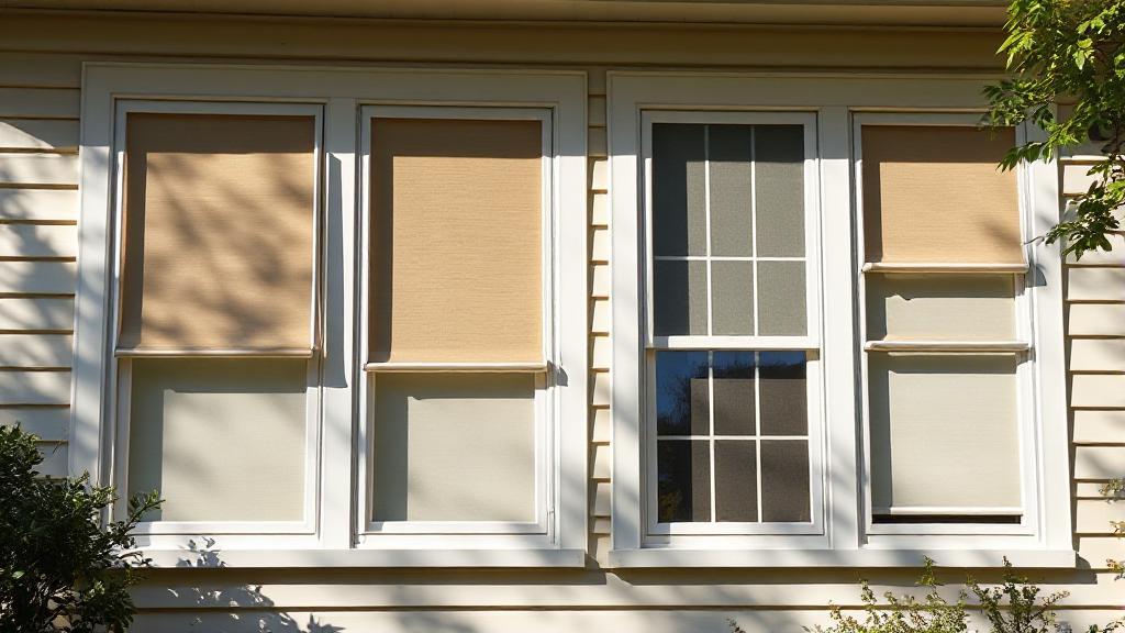 A sunlit home exterior showcasing various solar shade percentages on windows, illustrating energy efficiency and comfort.