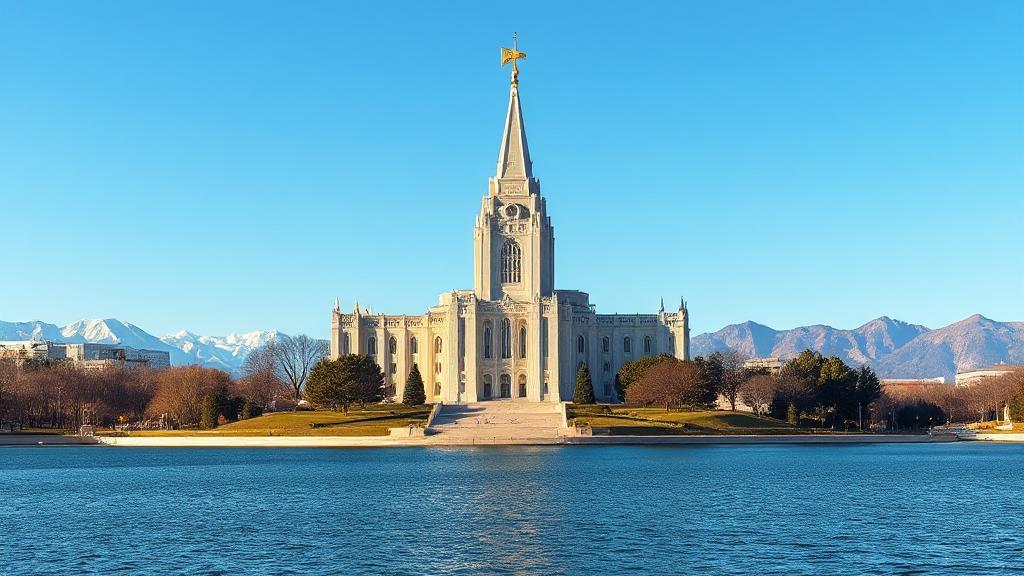 A serene landscape featuring the Salt Lake Temple, symbolizing the heart of Mormon beliefs and culture.
