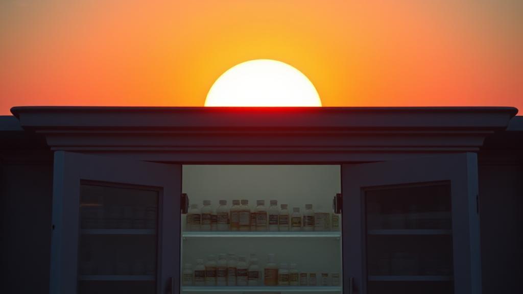 A vibrant sunrise over a medicine cabinet, symbolizing the optimal timing for taking Ozempic.