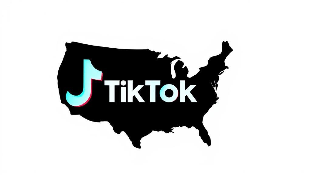 A dynamic collage of the TikTok logo fading into a silhouette of the United States map, symbolizing uncertainty and potential change.