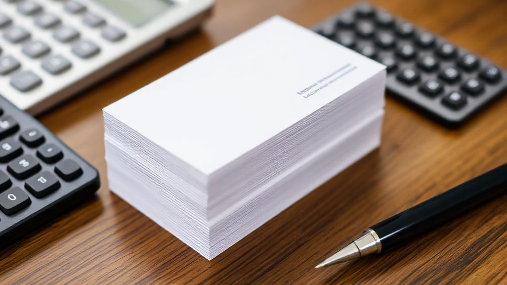 A neatly arranged stack of business cards with a calculator and a pen beside it on a wooden desk.