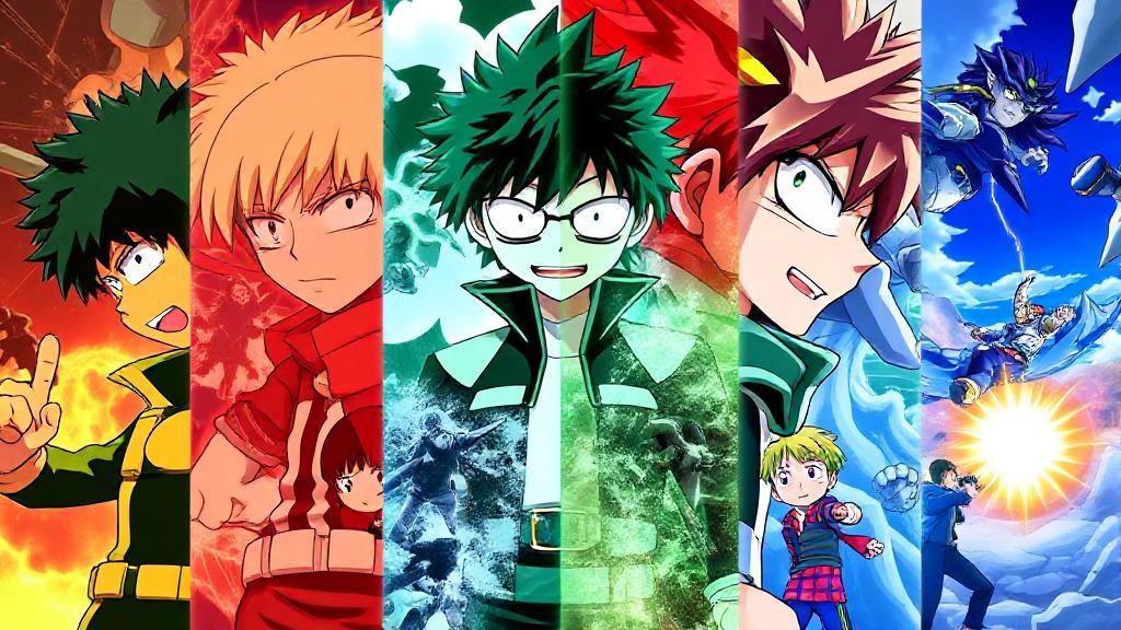 A vibrant collage of key characters from My Hero Academia, each representing different seasons of the anime series, set against a dynamic backdrop of action and adventure.