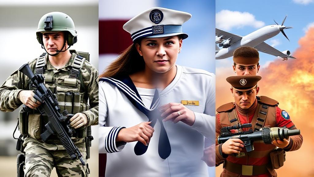 A dynamic collage of soldiers, sailors, airmen, and marines in action, symbolizing the diverse opportunities within each military branch.