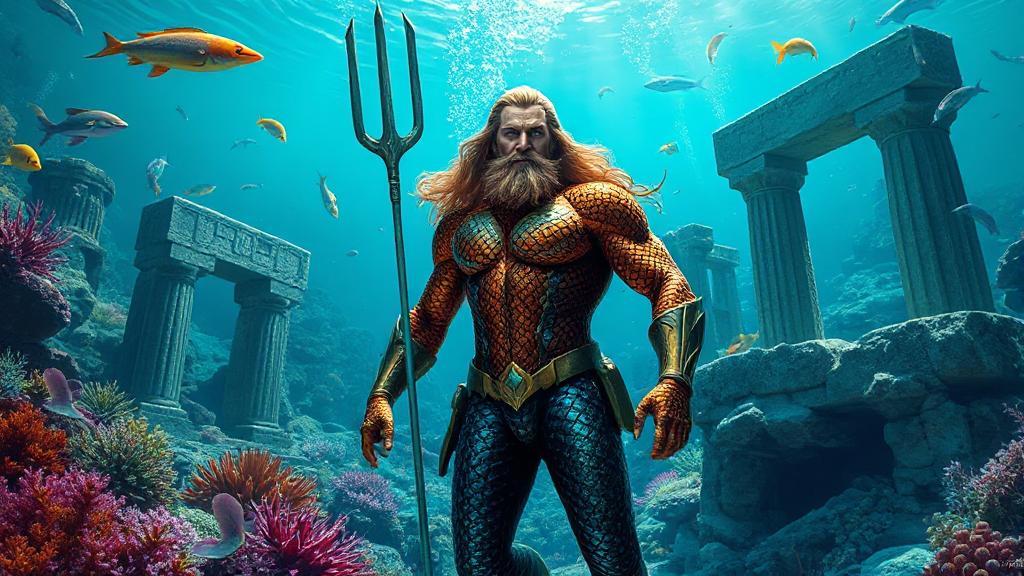 A vibrant underwater scene featuring Aquaman in his iconic suit, surrounded by colorful marine life and ancient ruins.