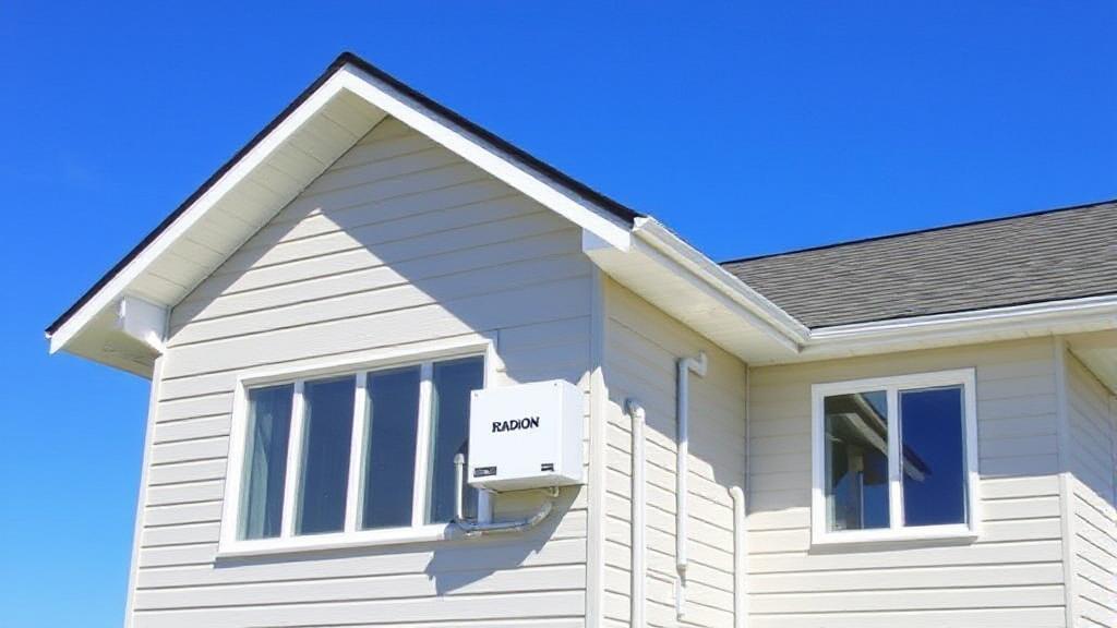 A modern home with a visible radon mitigation system, set against a clear blue sky, symbolizing safety and environmental awareness.