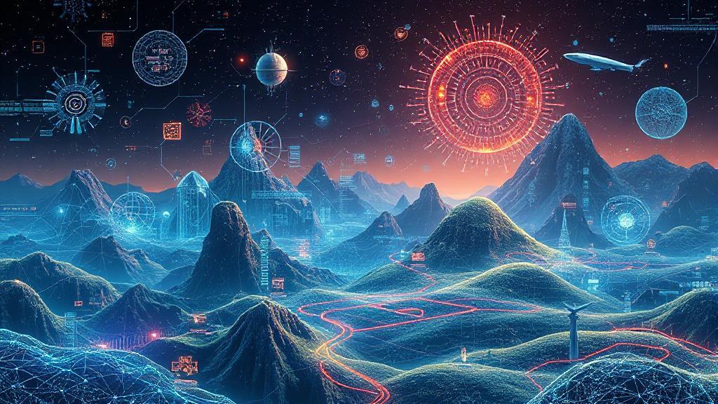 A futuristic digital landscape illustrating various applications of generative AI in diverse fields.