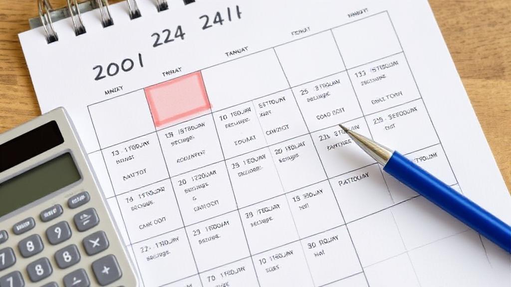 A calendar marked with important tax filing dates for 2024, accompanied by a calculator and a pen.