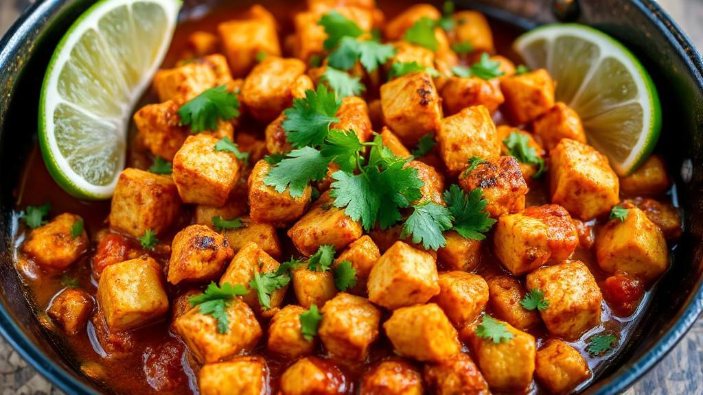 A vibrant image showcasing a sizzling pan of sofritas, featuring crumbled tofu in a rich, spicy sauce, garnished with fresh cilantro and lime wedges.