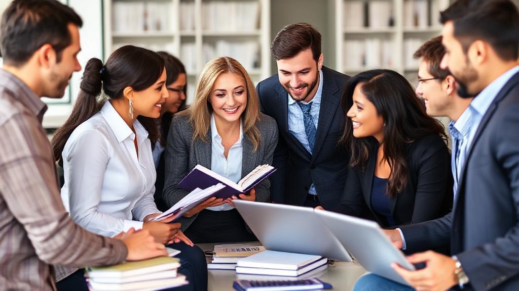 A diverse group of professionals engaged in a lively discussion, surrounded by business books and laptops, symbolizing the collaborative and multifaceted nature of an MBA program.