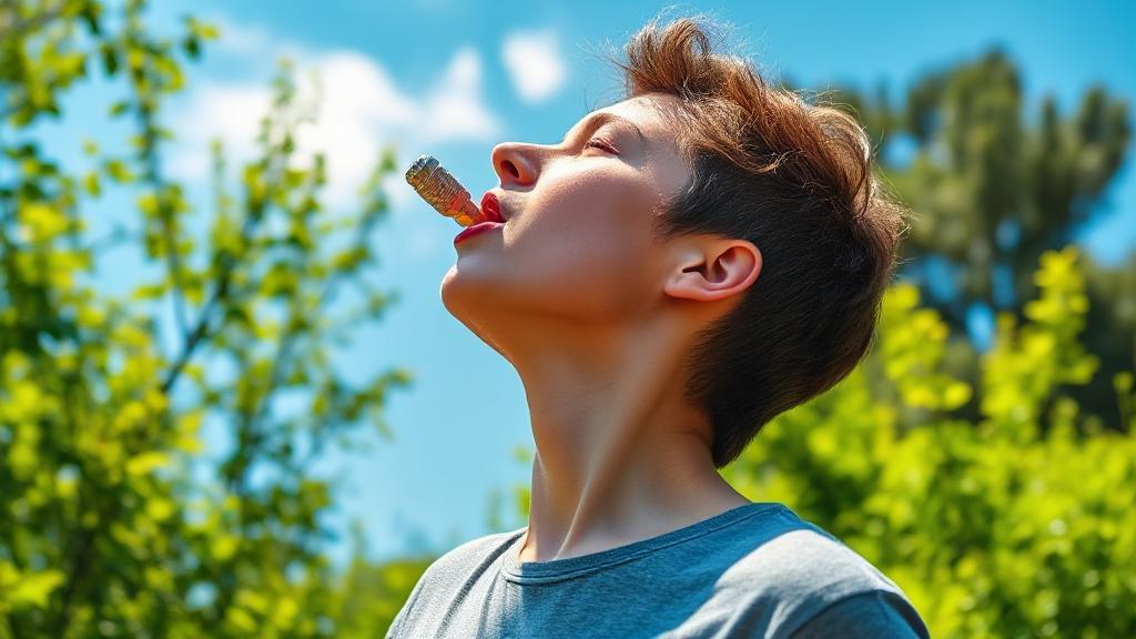 A vibrant image of a person taking a deep breath outdoors, surrounded by lush greenery and clear blue skies, symbolizing healthy lungs and fresh air.