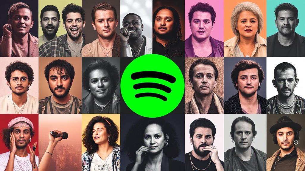 A vibrant collage of popular music artists with Spotify's logo prominently displayed in the center.