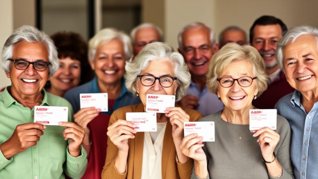 A vibrant image of a diverse group of smiling seniors holding AARP membership cards, symbolizing community and accessibility.