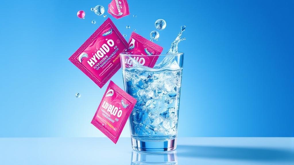 A vibrant illustration of Liquid I.V. Hydration Multiplier packets dissolving into a refreshing glass of water, symbolizing enhanced hydration.