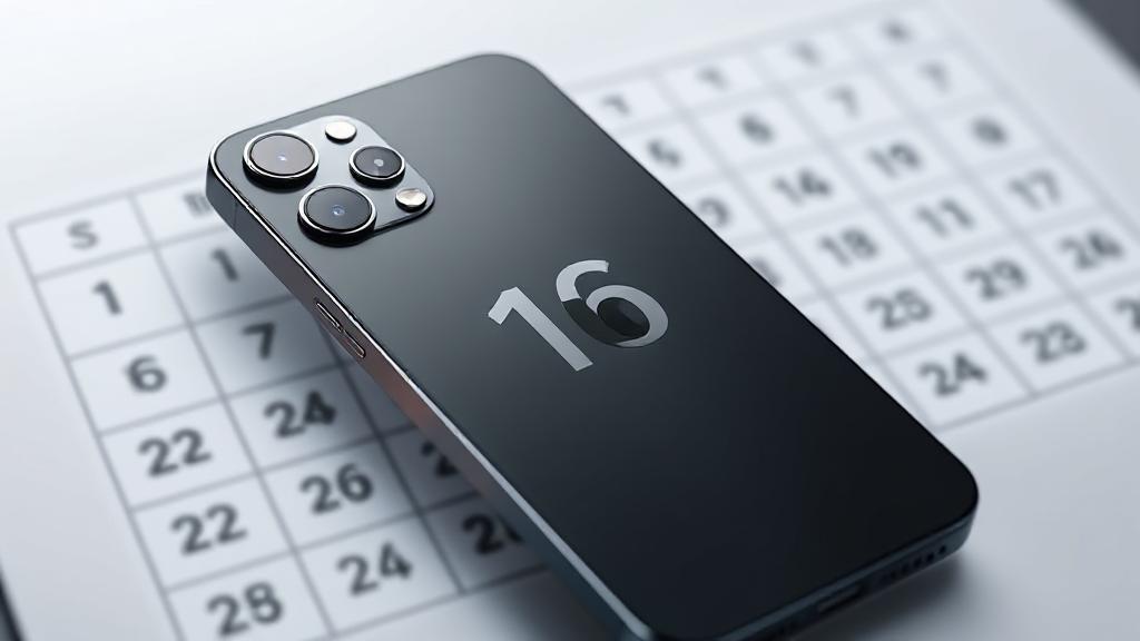 A sleek, futuristic concept image of the iPhone 16 with a calendar in the background highlighting the anticipated release date.
