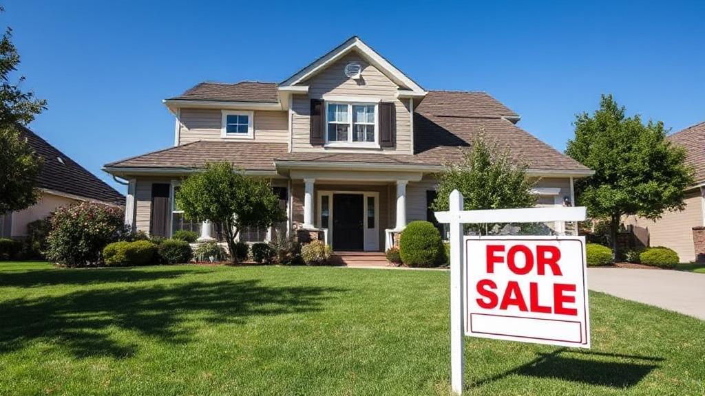 A picturesque suburban home with a "For Sale" sign in the front yard, set against a clear blue sky.