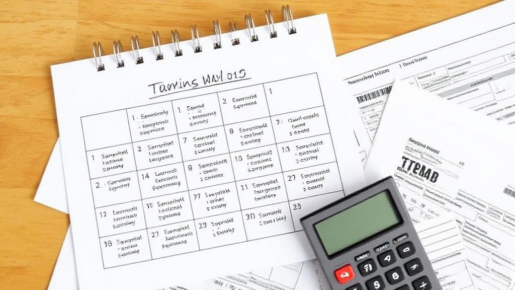 A calendar marked with important tax filing dates and deadlines, surrounded by tax forms and a calculator.