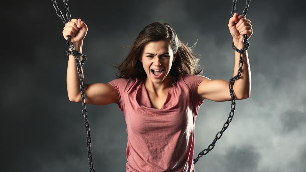 A person breaking free from chains with a determined expression, symbolizing liberation and empowerment.