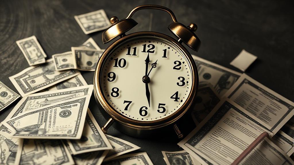A somber image of a clock with dollar bills and financial documents scattered around, symbolizing the urgency and complexity of bankruptcy decisions.