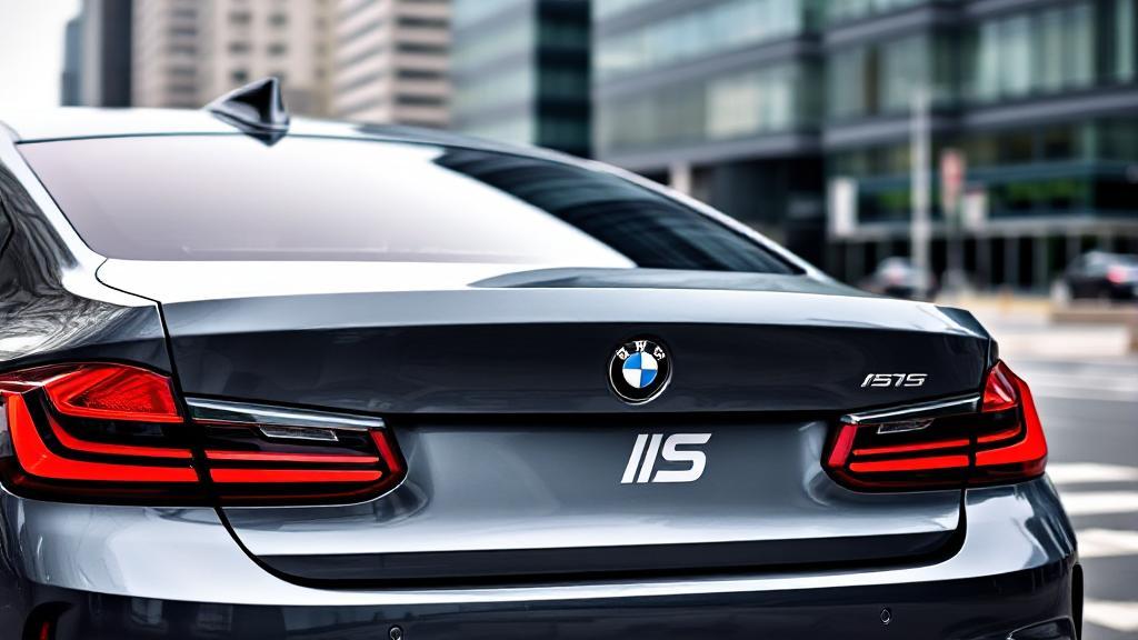 A sleek BMW car with the "IS" badge prominently displayed on its rear, set against a dynamic urban backdrop.