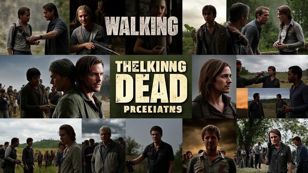 A collage of iconic scenes from each season of "The Walking Dead," showcasing the evolution of characters and settings.
