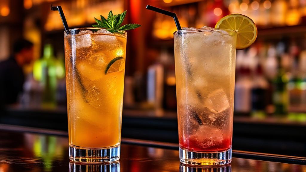 A vibrant image of a refreshing glass of Liquid I.V. next to a cocktail, set against a backdrop of a lively bar scene.